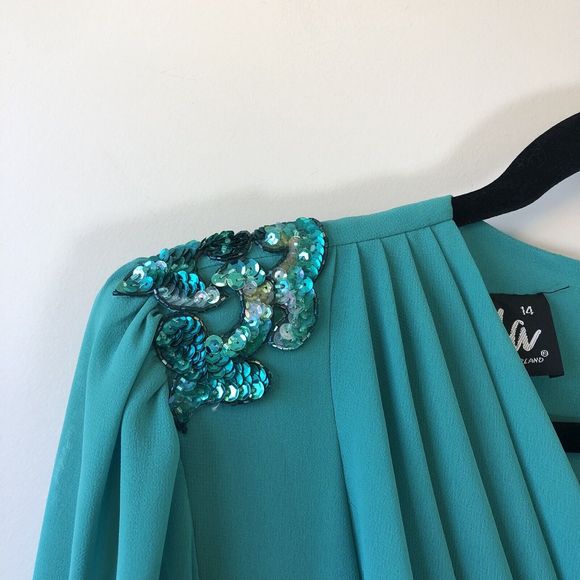 Vintage 1980's Ursula of Switzerland Chiffon Cocktail Dress Aqua Green Size 14 - Picture 6 of 14